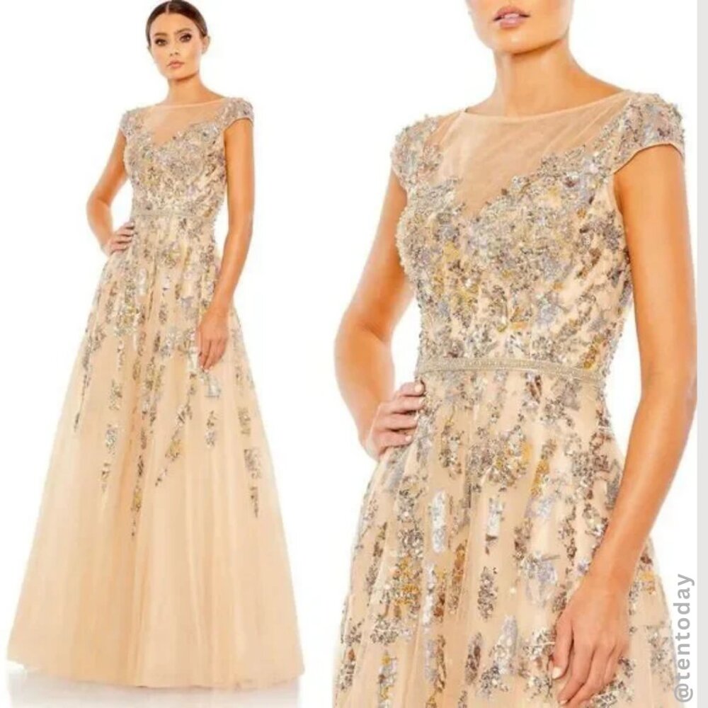 $798 Mac Duggal Size 8 Gold Nude Beige Tan Sequin Evening Ballgown Gown Dress